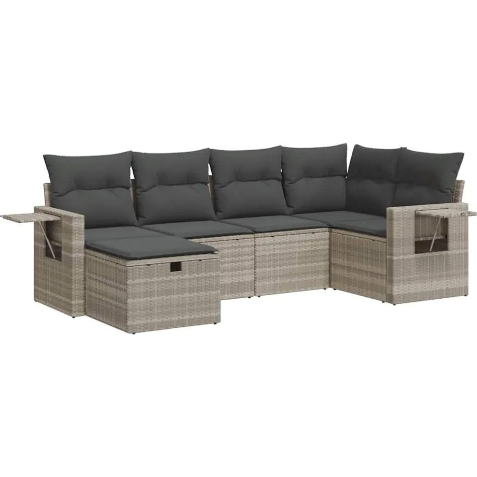 vidaXL 6-delige Loungeset met kussens poly rattan lichtgrijs grijs, foto 3