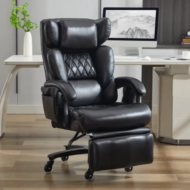 DESMIU Bureaustoel - Ergonomisch XXL - Met Voetsteun, Massage- En Verwarmingsfunctie - Voor Kantoor En Thuiswerk - Kunstleer Zwart