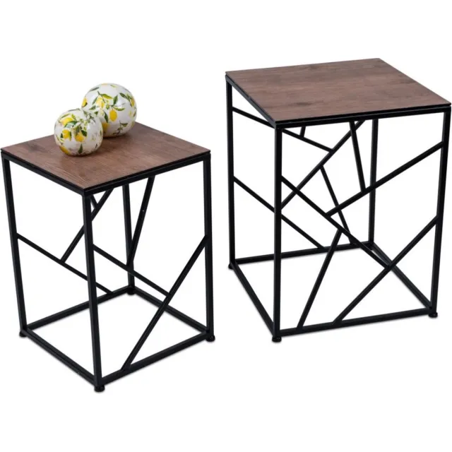 Boltze Bijzet tafel - 2set - Smeedijzer - 32x46cm - 40x53cm - Krasvrij glasplaat - Houtnerf bruin - Zwart - Bruin - Boltze
