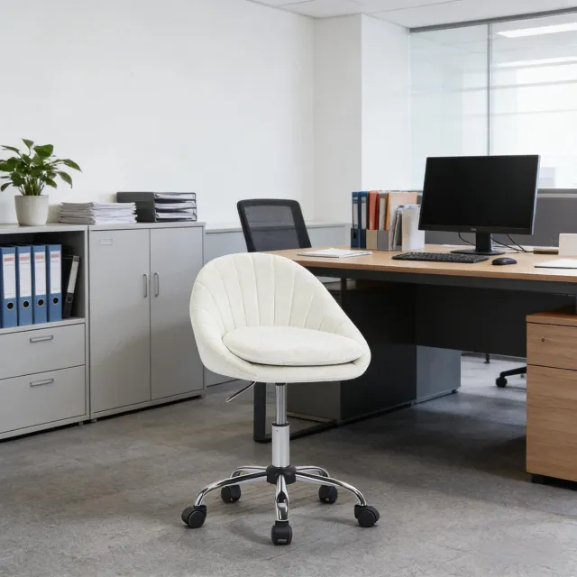 OKWISH Ergonomische Bureaustoel Met Wieltjes - Hoogte Verstelbaar En 360 Graden Draaibaar - Voor Thuiswerk En Make-up - Fluweel - Beige