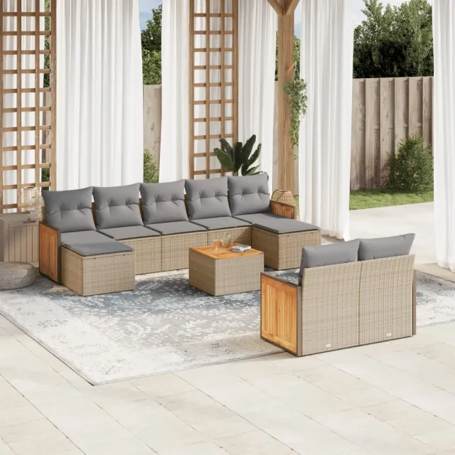 vidaXL 10-delige Loungeset met kussens poly rattan beige, foto 2