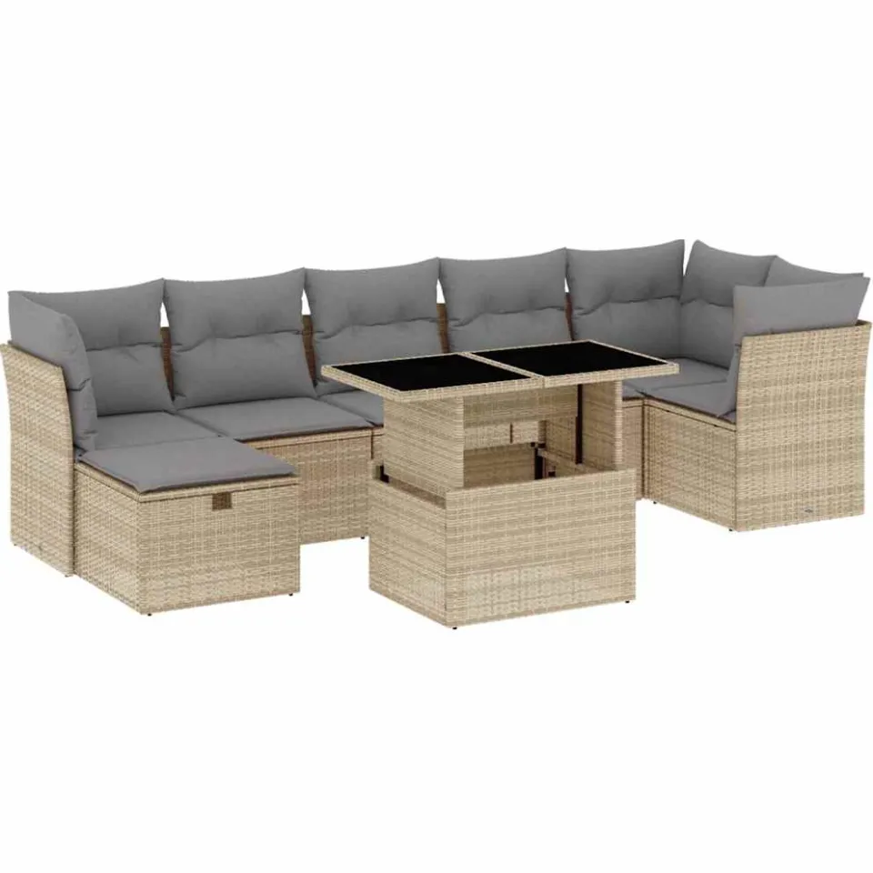 vidaXL 8-delige Loungeset met kussens poly rattan beige