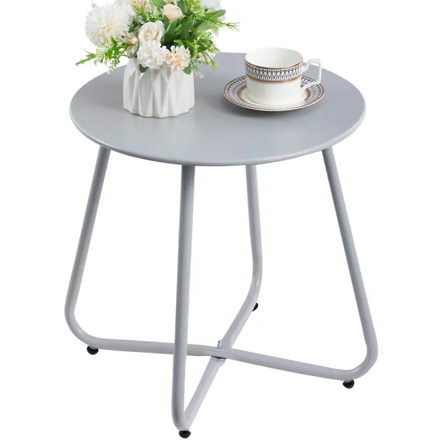 Famanu Ronde bijzettafel voor buiten, kleine balkontafel, metalen koffietafel, geschikt voor patio en woonkamer, grijs
