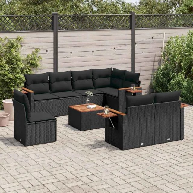 vidaXL 9-delige Loungeset met kussens poly rattan zwart, foto 2