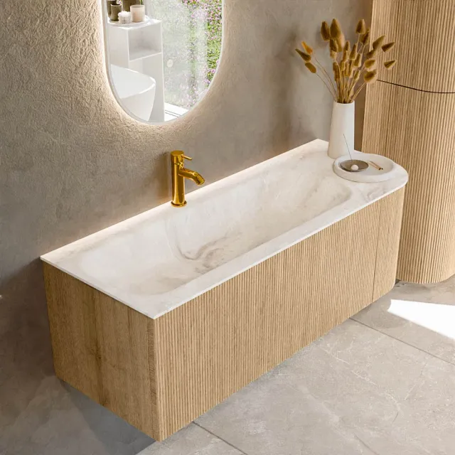 Mondiaz KURVE-DLUX 125 cm Onderkast Greeploos 1 Lade Met Deuren Oak, Wastafel Solid Surface Links Frappe 1 Kraangat Zonder Spiegel (KRVBGM125R1L1D1KL-Oak/Fra)