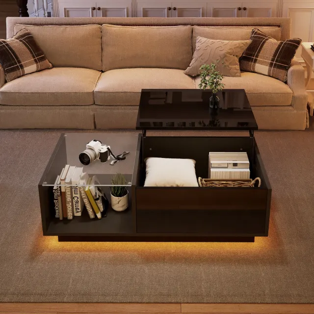 Maisentiel Salontafel 100x50 cm met LED, opklapbaar blad en opbergruimte, zwart