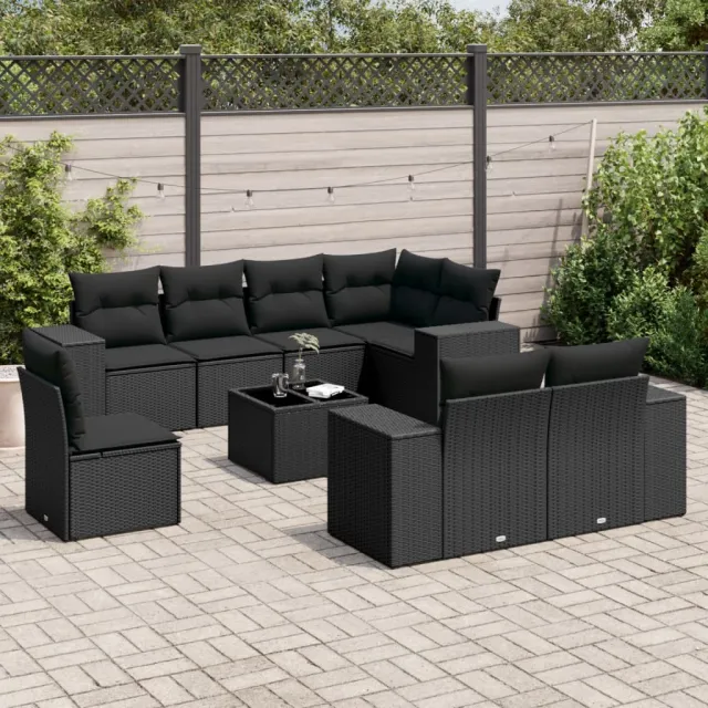 vidaXL 9-delige Loungeset met kussens poly rattan zwart, foto 2