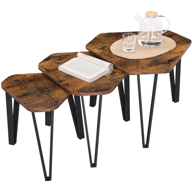 Conway Living Salontafel Set van 3 - Nestbare Bijzettafels - Industrieel Design - Hout & Metaal - Rustiek Bruin / Zwart Rustiek Bruine