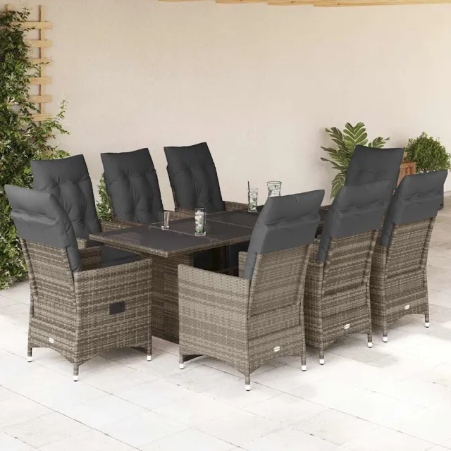vidaXL 9-delige Bistroset met kussens poly rattan grijs, foto 2