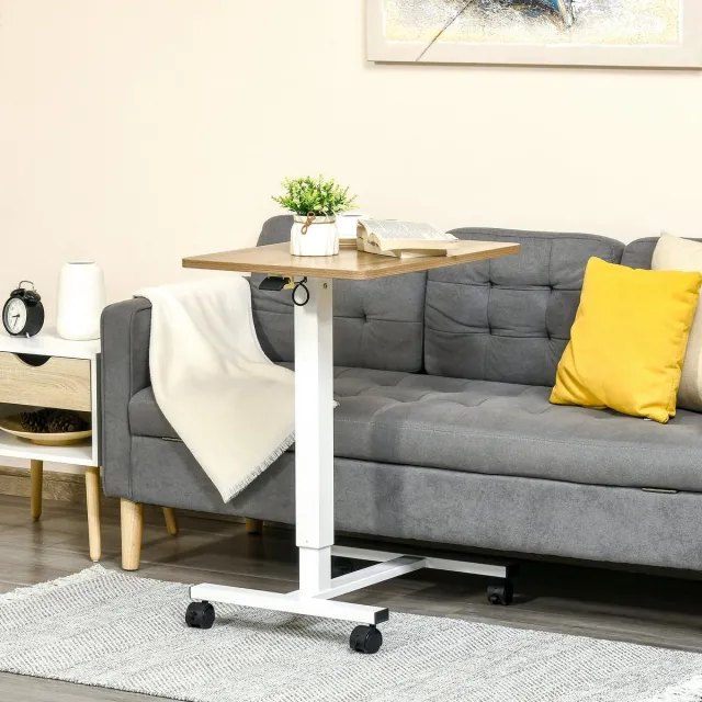 OKWISH Bureau Hoogteverstelbaar Met Wielen – 65 X 48 Cm – Gasveer – Metaal En Spaanplaat – Wit En Naturel – Sta-Zit Werkplek Natural