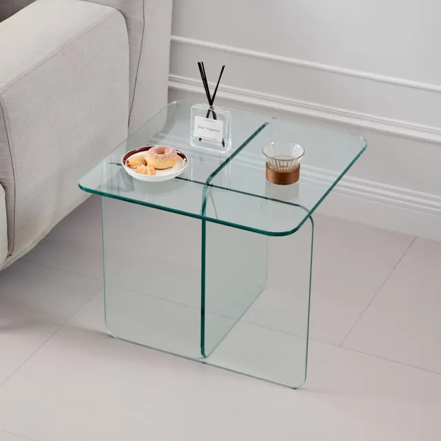 REDOM Bijzettafel - Gebogen Vorm - Voor Woonkamer - Gehard Glas - Transparant - 45 X 45 X 51 Cm Duidelijk
