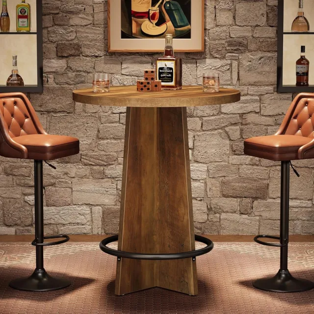 Tribesigns Ronde Bartafel – Houten Bistrotafel met Voet en Metalen Ringvoetsteun – Ideaal voor Keuken, Woonkamer en Eetkamerrustiek – Bruin - 80×80×95cm