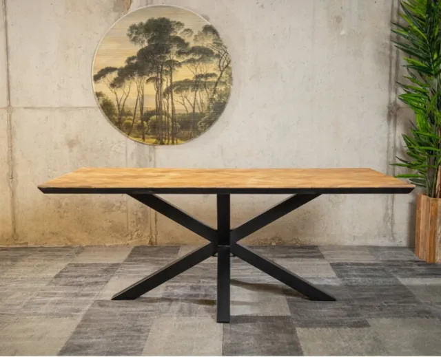 Meubelplaats Eettafel Fishbone met kruispoot | Mangohout visgraat - 160x90 cm Natuurlijk