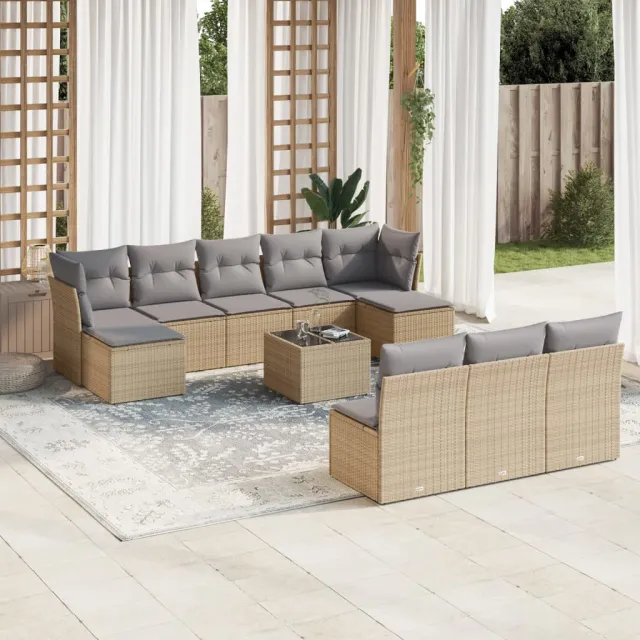 vidaXL 11-delige Tuinset met kussens poly rattan beige, foto 2