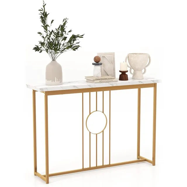 Costway Consoletafel, marmerlook, bijzettafel, smal met metalen frame en verstelbare voetkussens, gangtafel, sofatafel, modern, voor woonkamer, ingang, 120 x 30 x 80,5 cm Wit