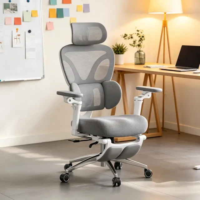 DESMIU Bureaustoel 50 Cm - Ergonomisch Met Verstelbare Hoofd- En Lendensteun - Voor Thuiswerkplek - Mesh Metaal - Grijs