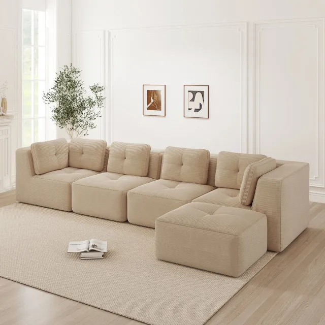 MODENUIT Sofa 74 cm Zitdiepte - Modulaire Hoekopstelling Met Ottomane - Voor Woonkamer - Ribstof - Beige