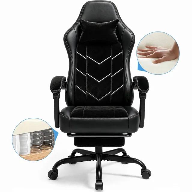 Devoko Game Stoel - Ergonomische Gamestoel - Unieke zijde - katoen stof - Individuele veerkern - Gaming chair met Uitschuifbare Voetensteun-Bureaustoel met hoofdsteun en lendensteun- 150 kg - Zwart