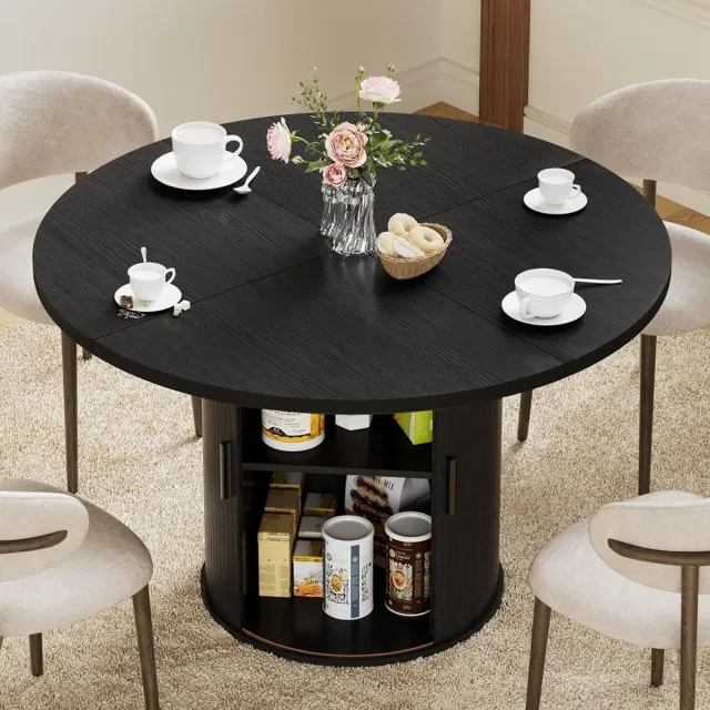Hommpa Ronde Eettafel 120 cm met Opbergruimte – Houten Keukentafel voor 4 Personen met 2-Laags Opbergplanken en Schuifdeur – Moderne Dining Tafel met Stevige Voet – Zwart