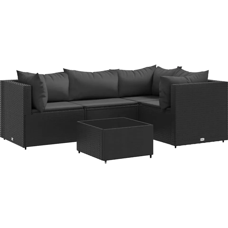 vidaXL 5-delige Loungeset met kussens poly rattan zwart, foto 3