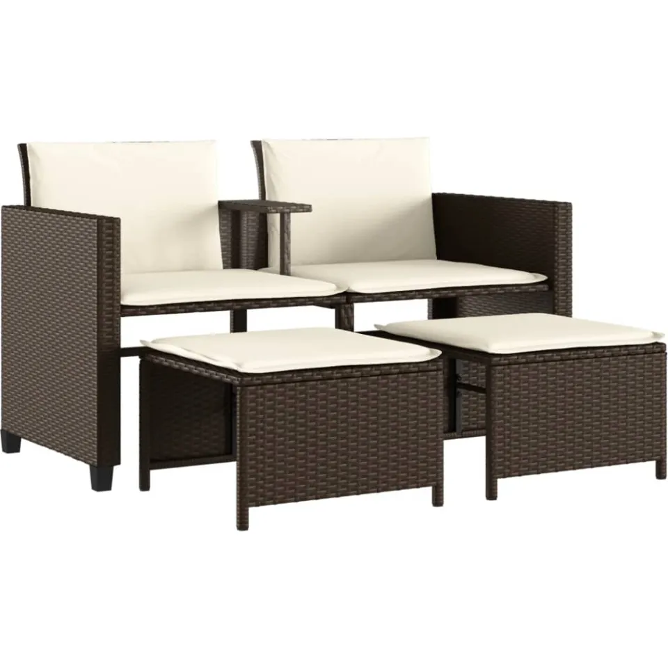 vidaXL Tuinbank 2-zits met tafel en voetenbanken poly rattan bruin