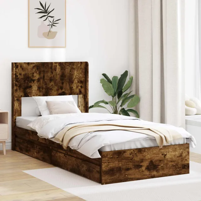 vidaXL Bedframe met opbergruimte en hoofdbord Gerookt eiken
