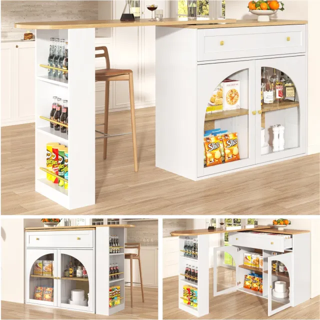 Clruro Bartafel - 138-204 × 39 × 104 cm - 360° Draaibaar met Opbergruimte - MDF/Glas - Wit