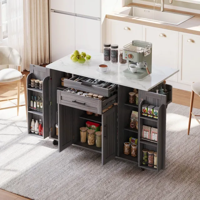Sweiko Eettafel - Verrijdbaar keukeneiland - 2 lades - Verstelbare planken - Marmerlook - Grijs