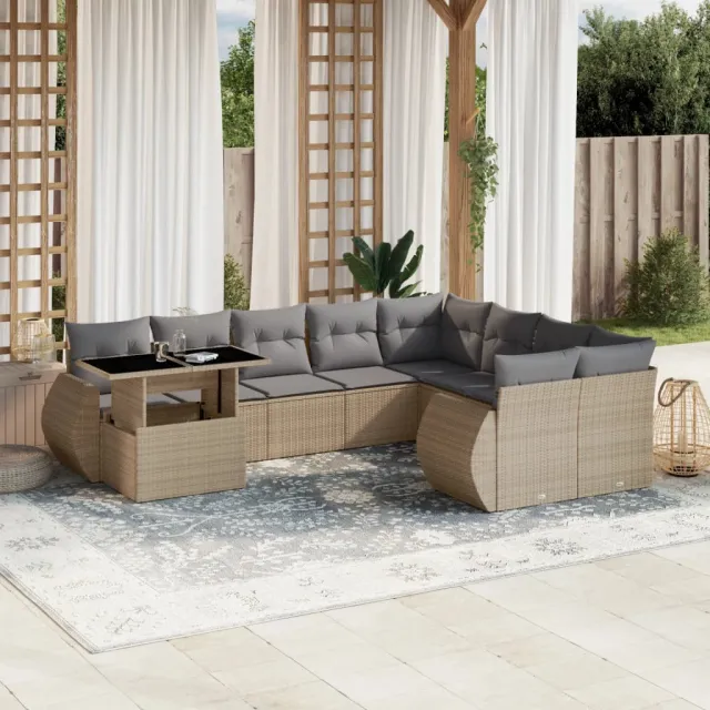 vidaXL 10-delige Loungeset met kussens poly rattan beige, foto 2