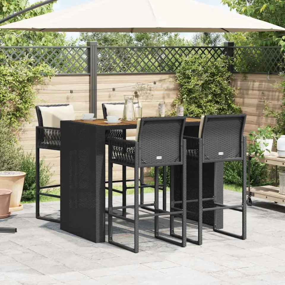 vidaXL 5-delige Tuinbarset met kussens poly rattan acacia zwart, foto 3