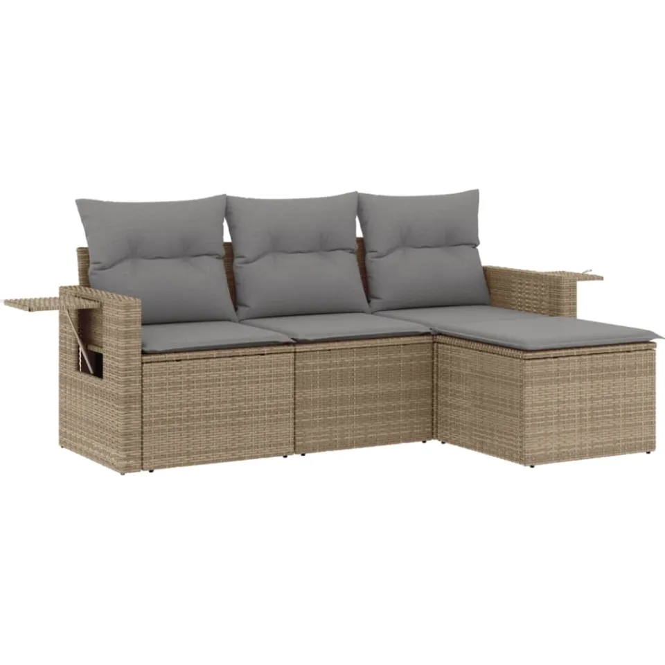 vidaXL 4-delige Loungeset met kussens poly rattan beige, foto 3