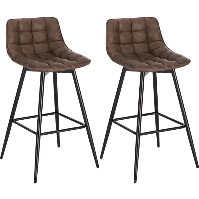 Klarven Barkrukken set van 2 Leer bruin - Met ergonomische rugleuning - Kunstleer zit, stevig metalen frame, antislip poten - Zithoogte 64 cm, totaalhoogte 88 cm