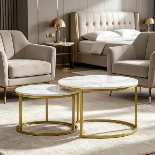 MODENUIT Bijzettafel - 2-Delige Ronde Tafels Inschuifbaar - Hout En Metaal - Wit Goud - Ø74 En Ø59 Cm Goud+Wit
