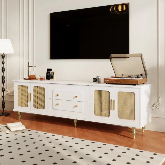 HAUSS SPOLE TV-Meubel - Retro Lowboard Met PVC-Rattan Deuren En Gouden Grepen - Push-To-Open Laden En Veel Opbergruimte Voor Woonkamer - Spaanplaat - 175x38x55,5 cm - Wit