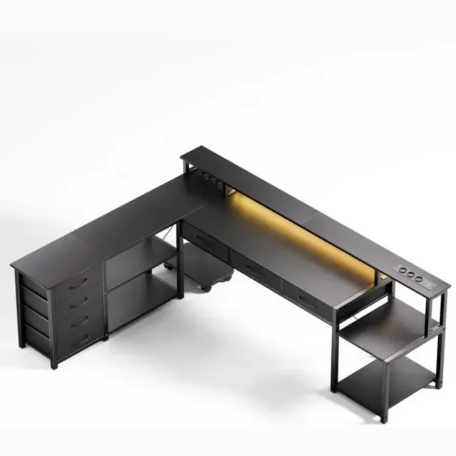 Jolien Computertafel - Computerbureau - Computer tafel - Hoekbureau - L-vormig - 7 laden - Stopcontacten 3 - USB-poorten 2 zwart