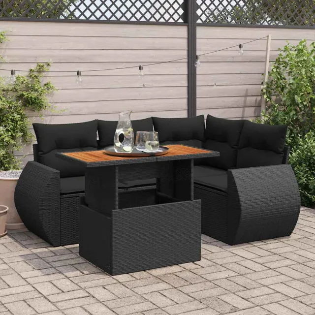 vidaXL 5-delige Loungeset met kussens poly rattan zwart, foto 2