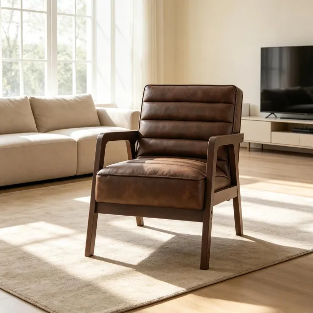 STILVORA Fauteuil 64 x 86 x 79 cm - Brede Zitting en Schuine Rugleuning - Voor Woonkamer en Leeshoek - Kunstleer en Hout - Bruin Antiekbruin