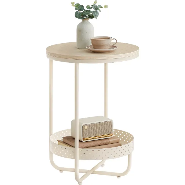 MAZAZU Bijzettafel Rond - Nachtkastje Industrieel - Metaal en MDF - Gebroken Wit - 40x40x55 cm