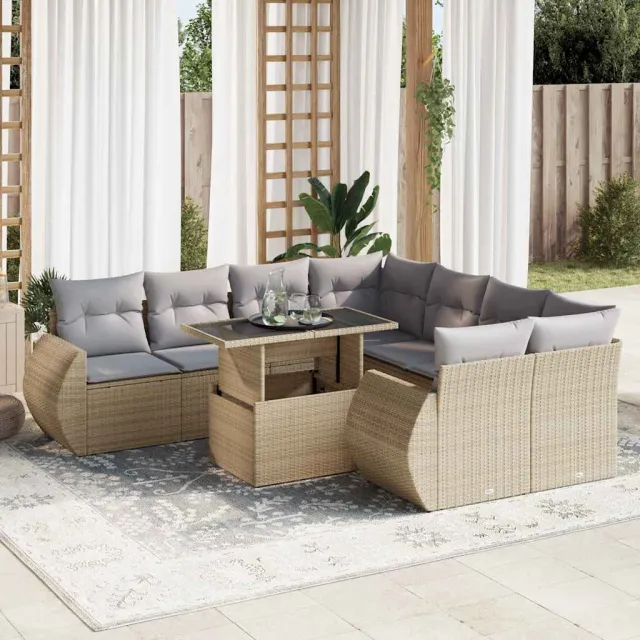 vidaXL 9-delige Loungeset met kussens poly rattan beige, foto 2