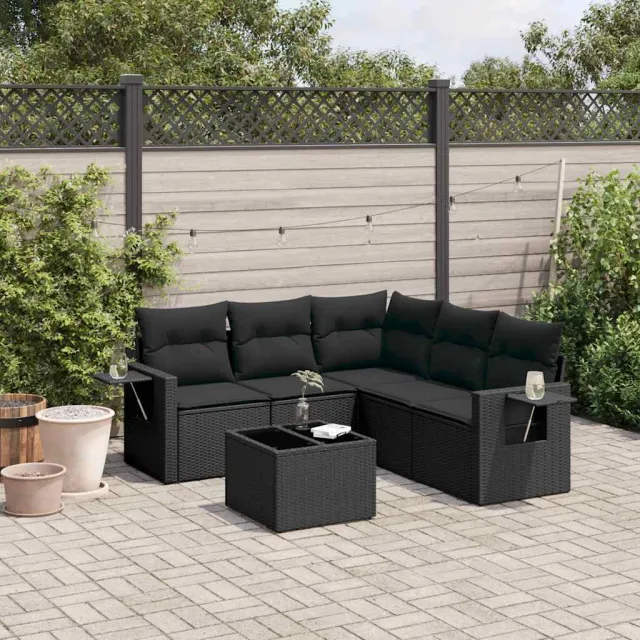 vidaXL 6-delige Loungeset met kussens poly rattan zwart, foto 2
