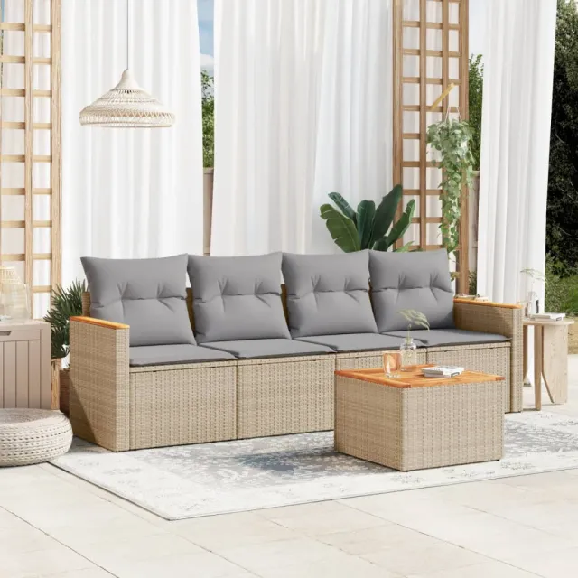 vidaXL 5-delige Loungeset met kussens poly rattan beige, foto 2