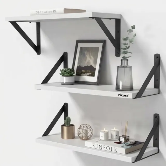 Rixora Zwevende Wandplank Set van 3 - 40cm - Houten Boekenplank - Voor Woonkamer, Keuken & Badkamer - Incl. Bevestigingsmateriaal wit