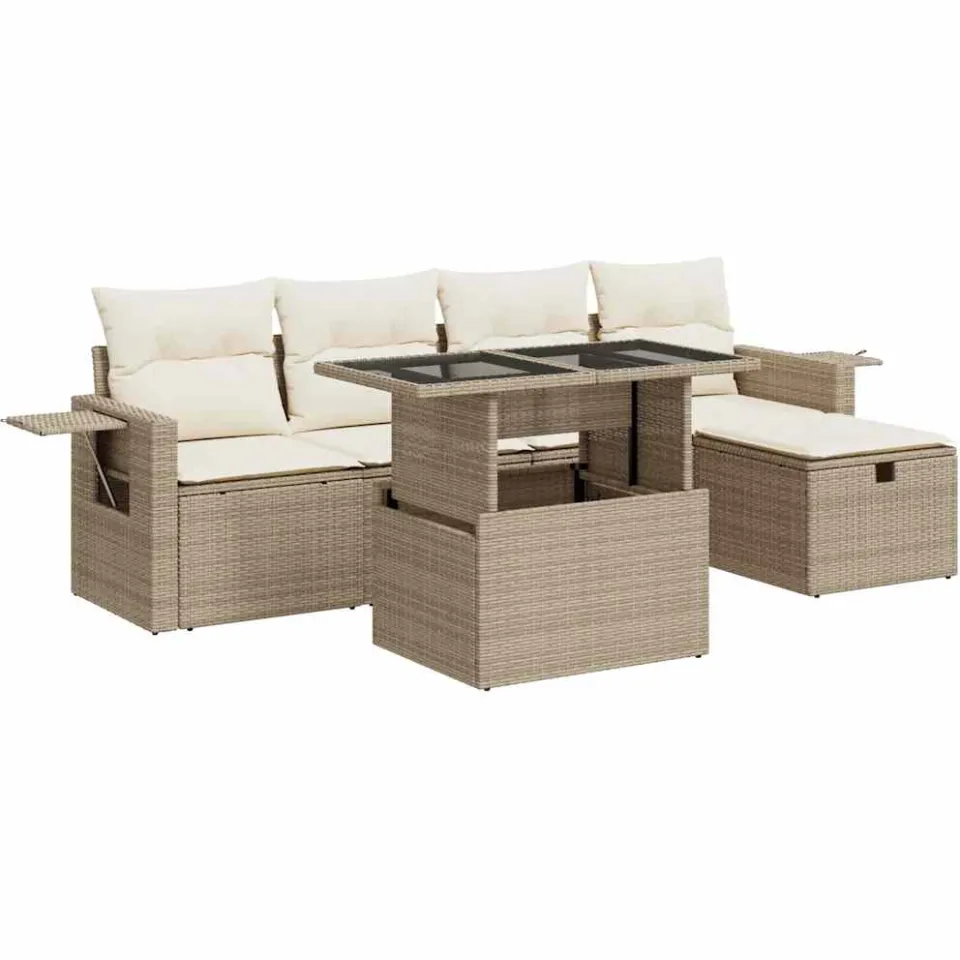 vidaXL 6-delige Loungeset met kussens poly rattan beige