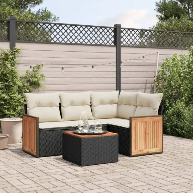 vidaXL 5-delige Loungeset met kussens poly rattan zwart, foto 2