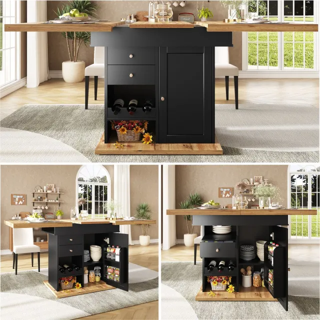 Clruro Eettafel - 110-140 x 80 cm - Uitschuifbare Klaptafel met Snackrek en Wijnrek - MDF - Wit Zwart, naturel