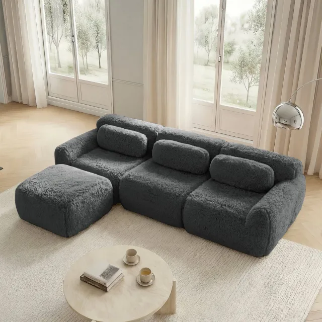 DESMIU Hoekbank 291 x 179 x 73 cm - Modulaire L-vorm Met Kussens En Hocker - Zonder Montage Voor Woonkamer En Slaapkamer - Pluche Grijs