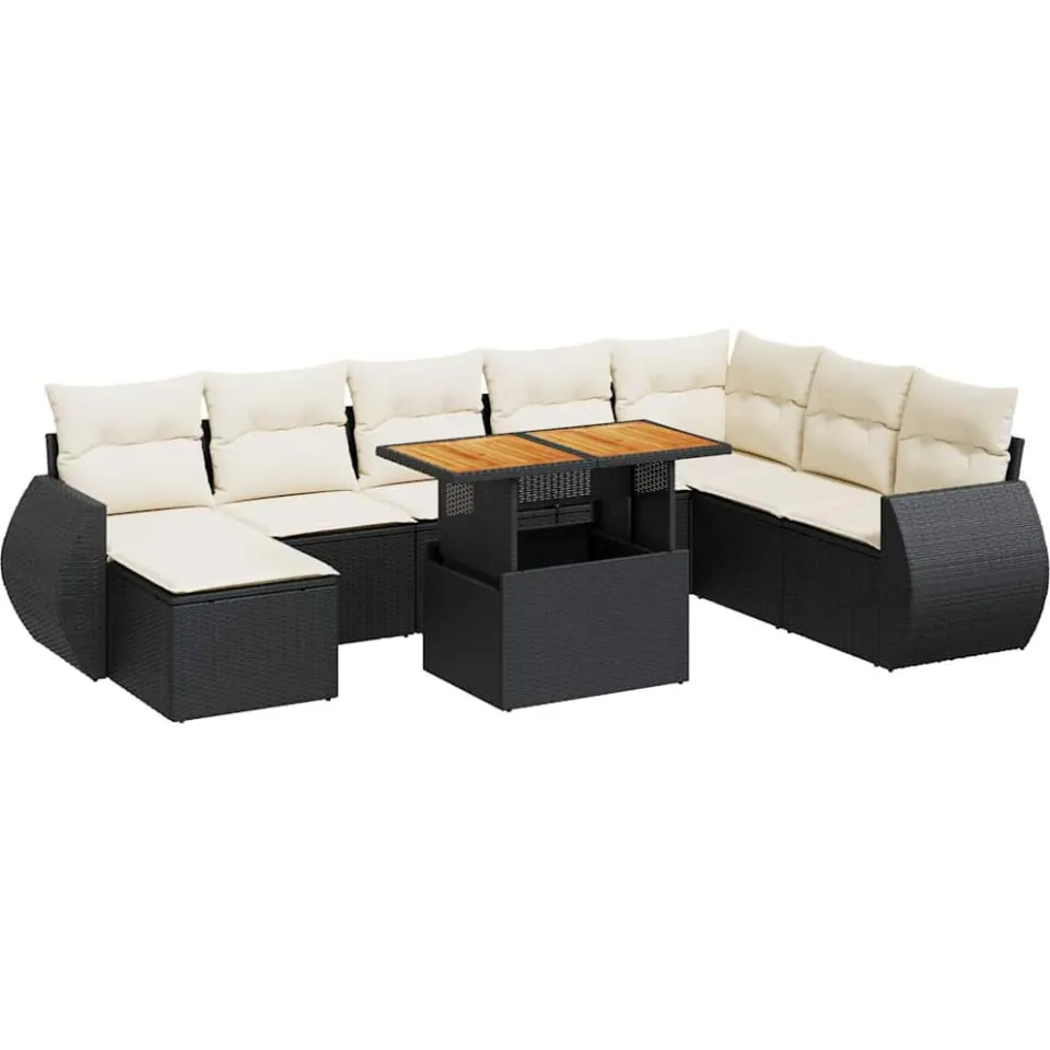 vidaXL 9-delige Loungeset met kussens poly rattan zwart, foto 3