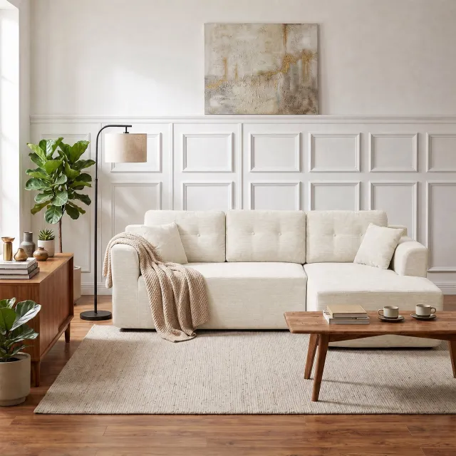 Triumpunpre Hoekbank Cloud Gecomprimeerd - Dubbele Chaise‑Longue - Poef - Chenille Stof - Polyurethaan Vulling - Wit - Voor Woonkamer