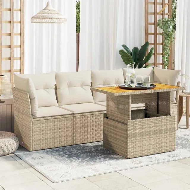 vidaXL 5-delige Loungeset met kussens poly rattan beige, foto 2