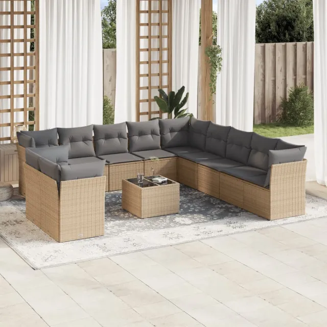 vidaXL 12-delige Loungeset met kussens poly rattan beige, foto 2